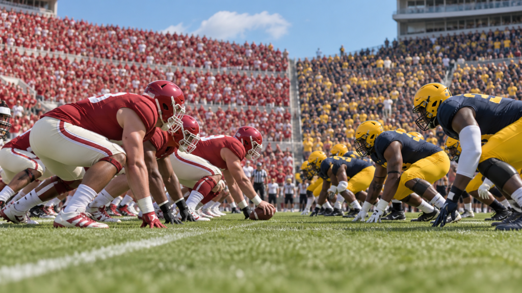 Illustration of two college football teams lined up before a snap