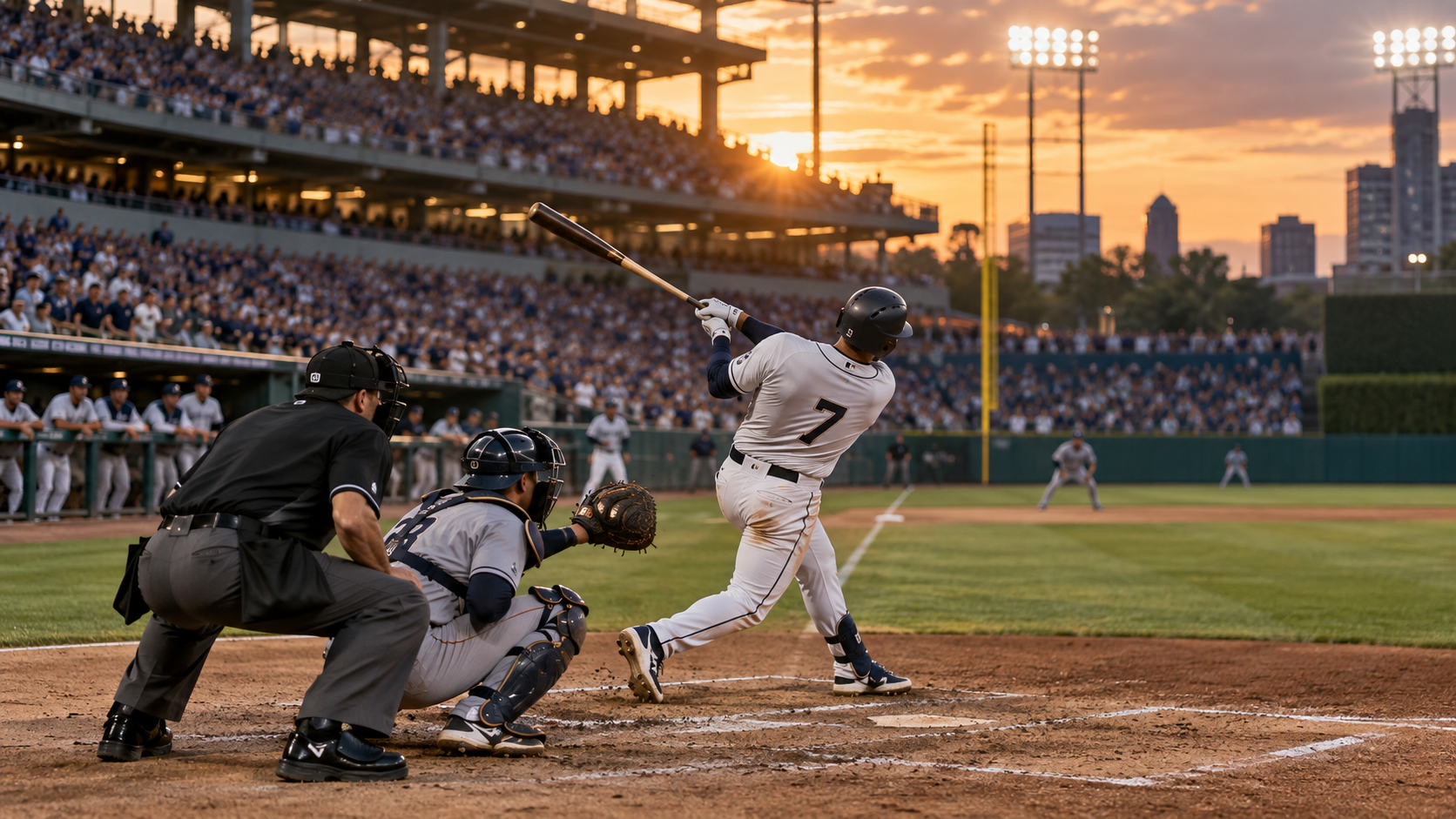 Illustration of a late-season baseball game at sunset during a playoff race