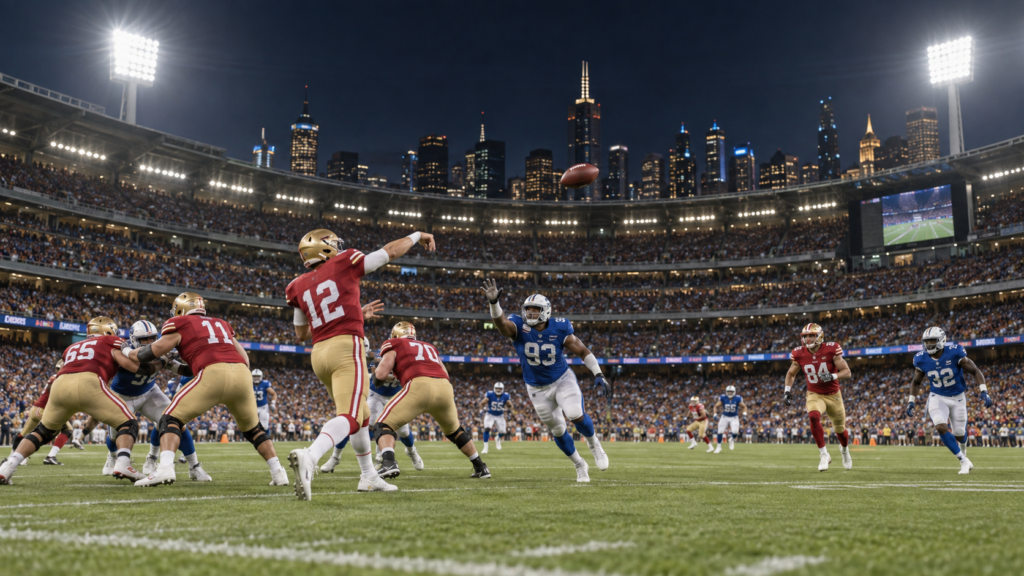 Illustration of an American football game inside a packed Melbourne stadium