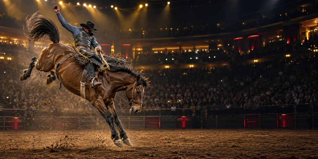 Saddle bronc rider competing under championship arena lights