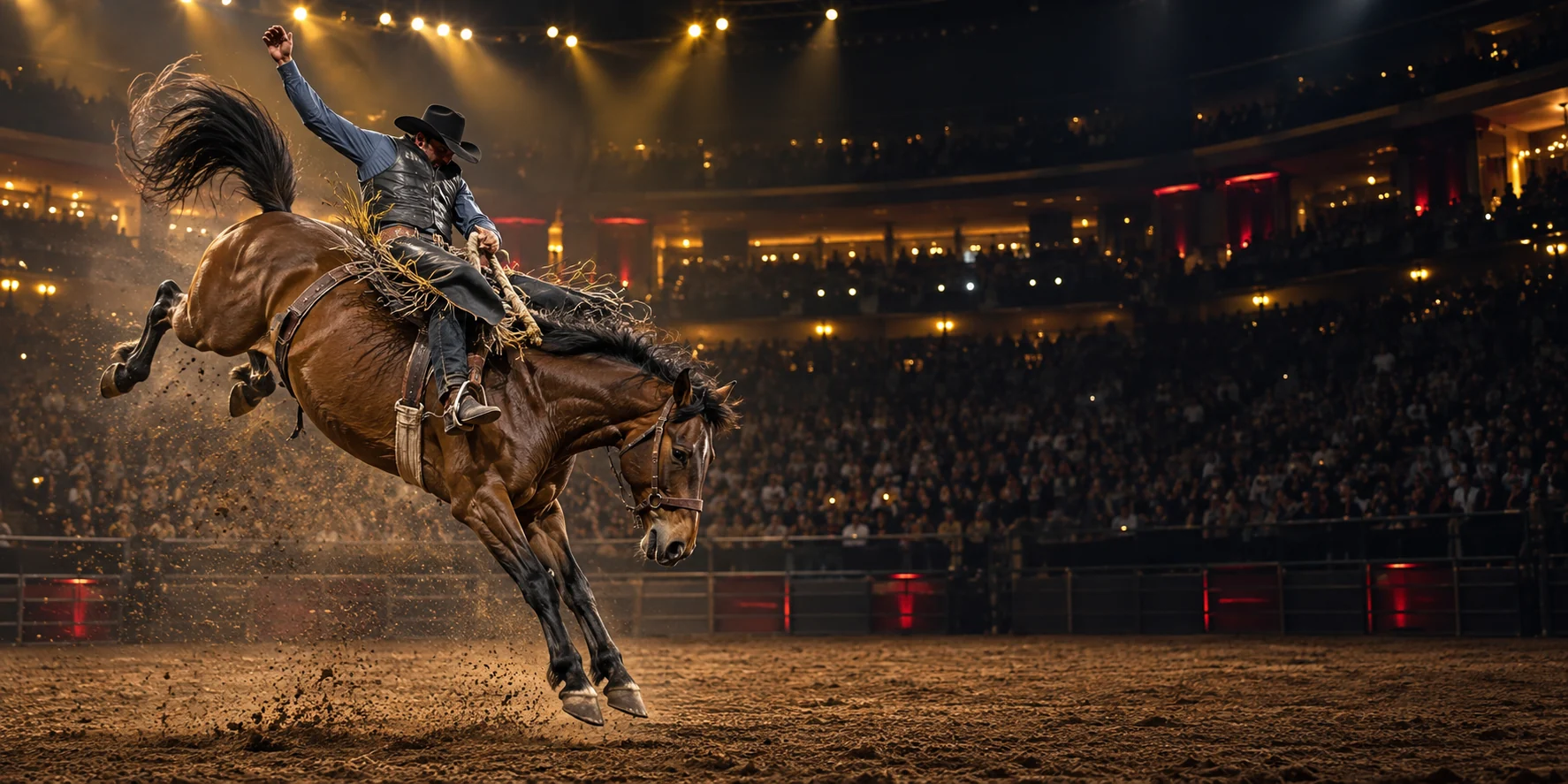 Saddle bronc rider competing under championship arena lights