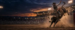 Professional bull rider competing in a rodeo arena